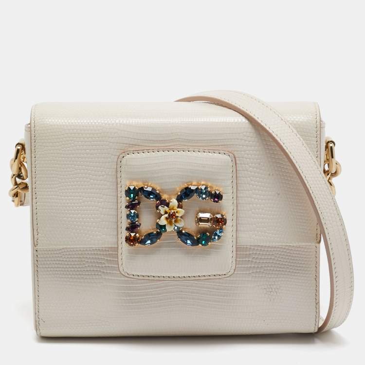 Pre Owned Dolce & Gabbana Off White Lizard Embossed Leather Mini DG Millennials Crossbody Bag