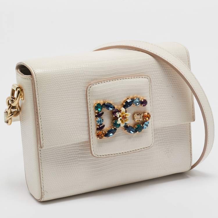 Pre Owned Dolce & Gabbana Off White Lizard Embossed Leather Mini DG Millennials Crossbody Bag