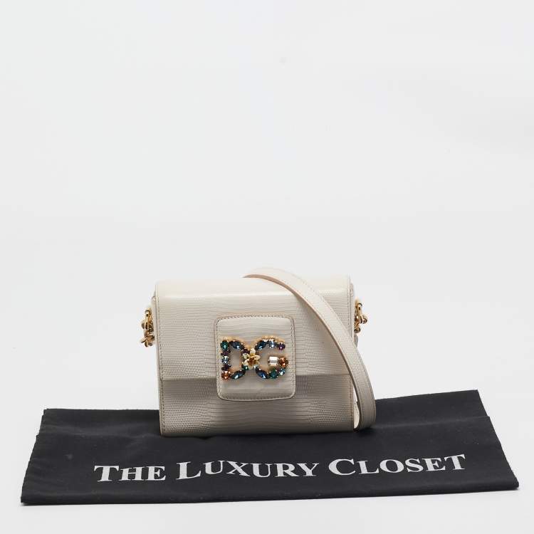 Pre Owned Dolce & Gabbana Off White Lizard Embossed Leather Mini DG Millennials Crossbody Bag