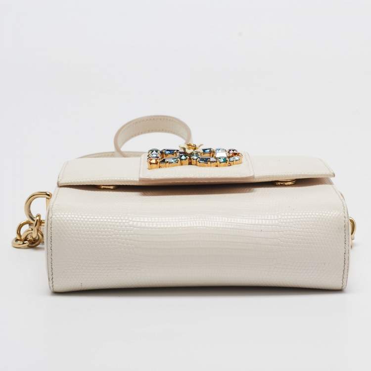Pre Owned Dolce & Gabbana Off White Lizard Embossed Leather Mini DG Millennials Crossbody Bag