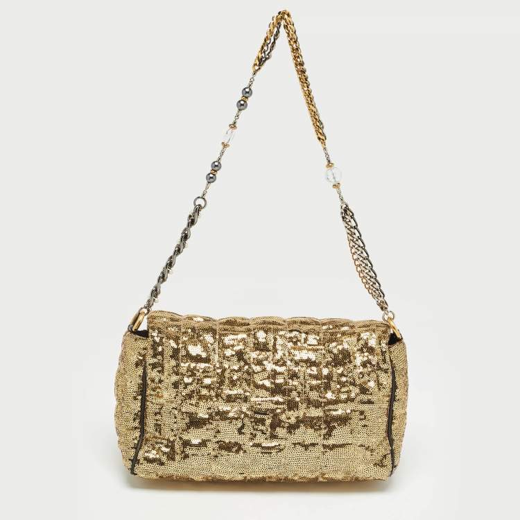 Pre Owned Dolce & Gabbana Gold Quilted Sequins Miss Charles Shoulder Bag