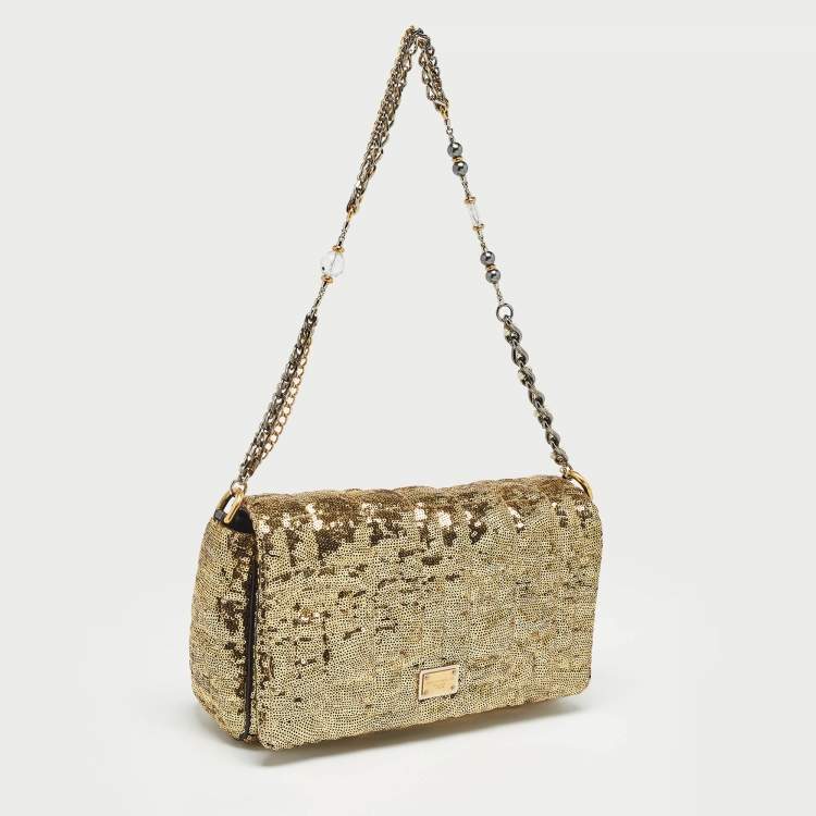 Pre Owned Dolce & Gabbana Gold Quilted Sequins Miss Charles Shoulder Bag