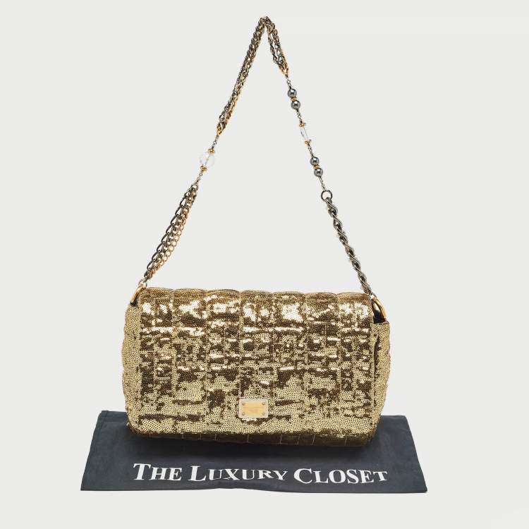 Pre Owned Dolce & Gabbana Gold Quilted Sequins Miss Charles Shoulder Bag