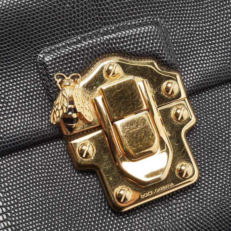 Pre Owned Dolce & Gabbana Black Lizard Embossed Leather Medium Lucia Shoulder Bag