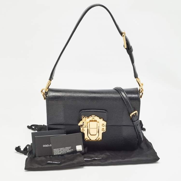 Pre Owned Dolce & Gabbana Black Lizard Embossed Leather Medium Lucia Shoulder Bag