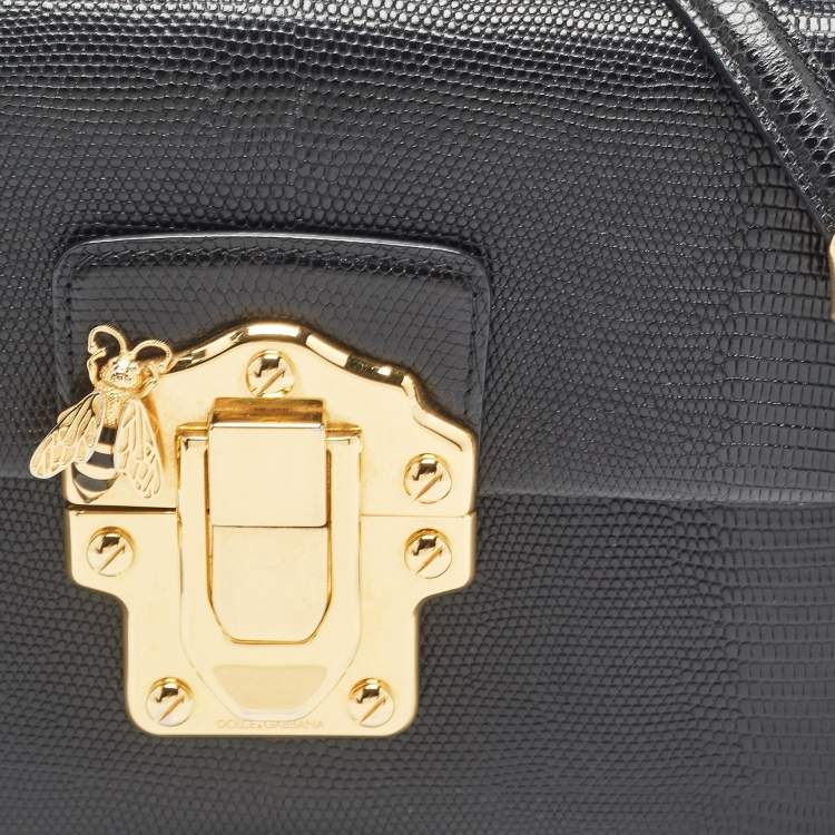 Pre Owned Dolce & Gabbana Black Lizard Embossed Leather Medium Lucia Shoulder Bag