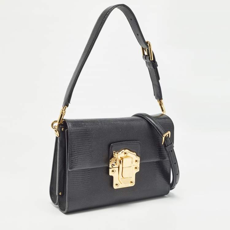Pre Owned Dolce & Gabbana Black Lizard Embossed Leather Medium Lucia Shoulder Bag