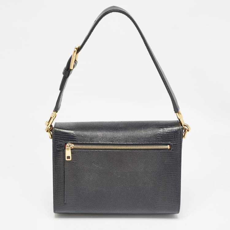 Pre Owned Dolce & Gabbana Black Lizard Embossed Leather Medium Lucia Shoulder Bag