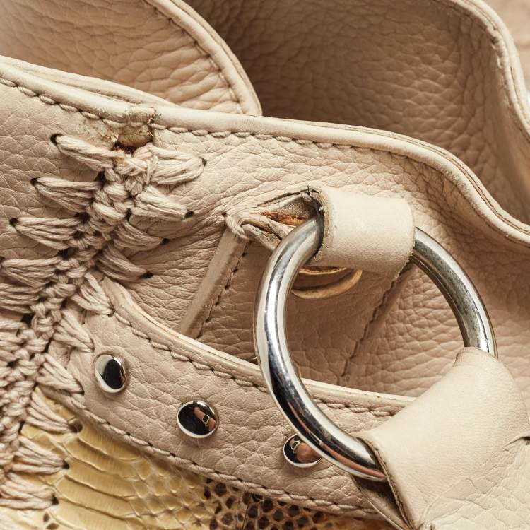 Pre Owned Dolce & Gabbana Cream/Beige Whipstitch Leather and Watersnake DG Charm Tote