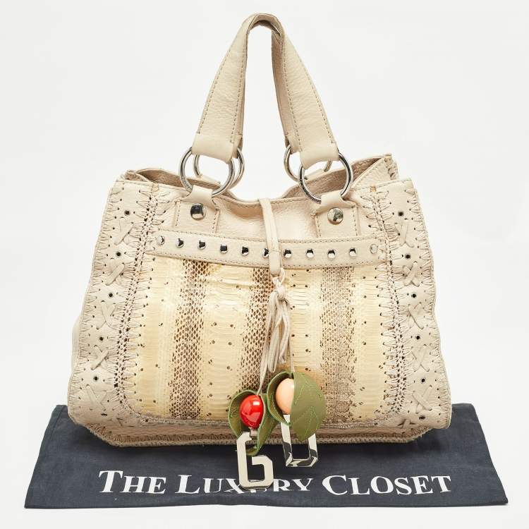 Pre Owned Dolce & Gabbana Cream/Beige Whipstitch Leather and Watersnake DG Charm Tote