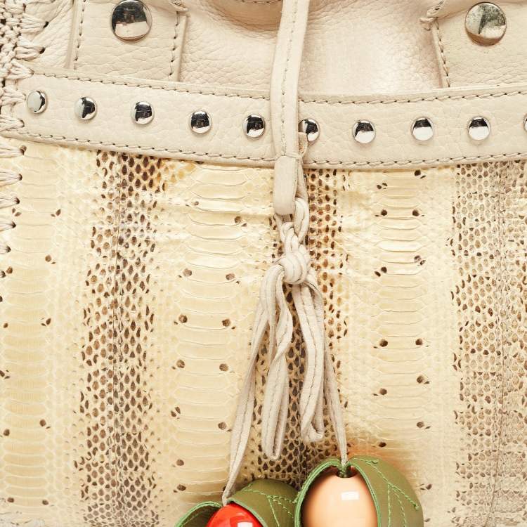 Pre Owned Dolce & Gabbana Cream/Beige Whipstitch Leather and Watersnake DG Charm Tote