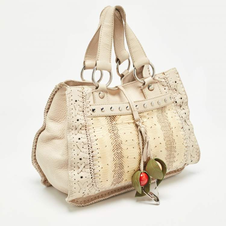 Pre Owned Dolce & Gabbana Cream/Beige Whipstitch Leather and Watersnake DG Charm Tote