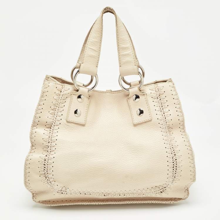 Pre Owned Dolce & Gabbana Cream/Beige Whipstitch Leather and Watersnake DG Charm Tote