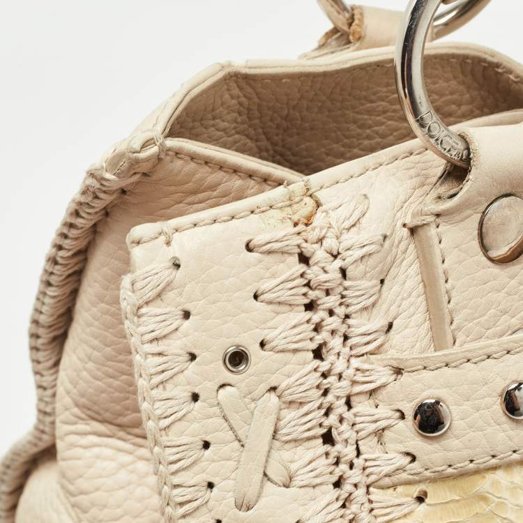 Pre Owned Dolce & Gabbana Cream/Beige Whipstitch Leather and Watersnake DG Charm Tote