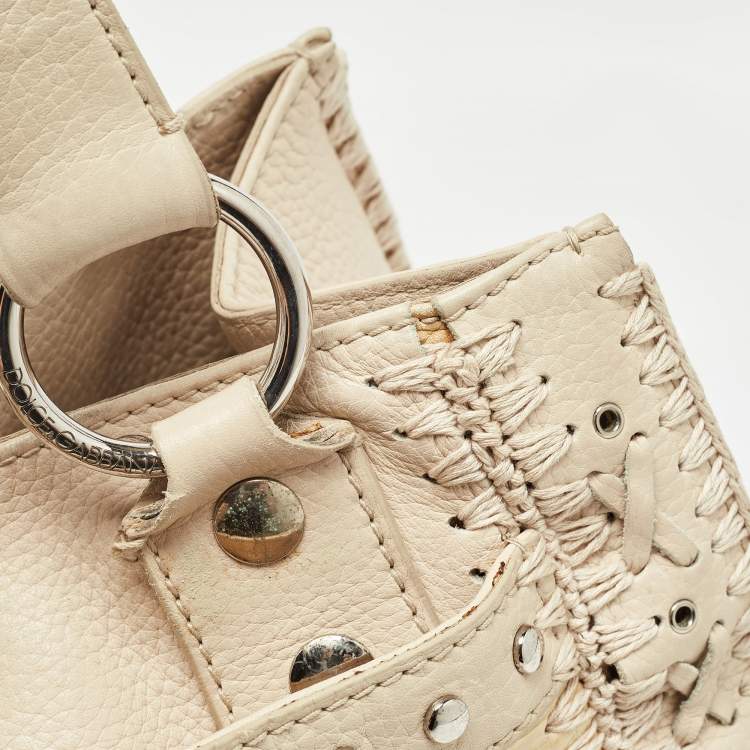 Pre Owned Dolce & Gabbana Cream/Beige Whipstitch Leather and Watersnake DG Charm Tote