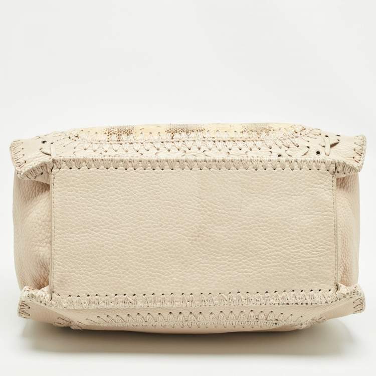 Pre Owned Dolce & Gabbana Cream/Beige Whipstitch Leather and Watersnake DG Charm Tote