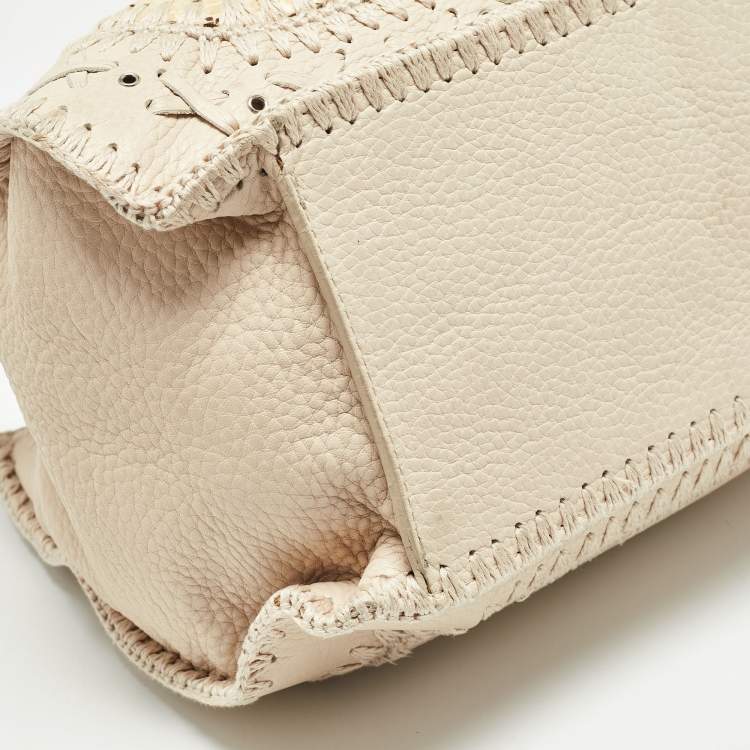 Pre Owned Dolce & Gabbana Cream/Beige Whipstitch Leather and Watersnake DG Charm Tote