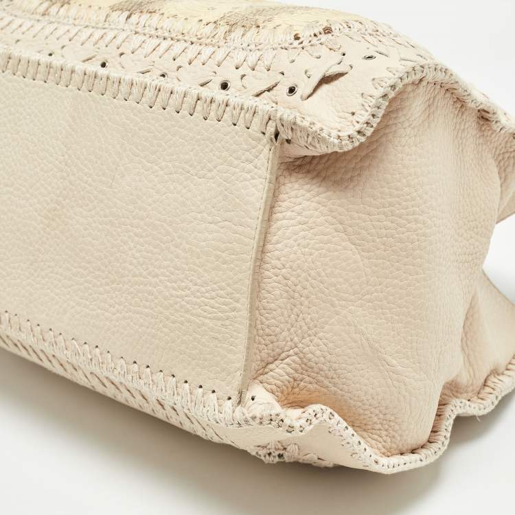 Pre Owned Dolce & Gabbana Cream/Beige Whipstitch Leather and Watersnake DG Charm Tote