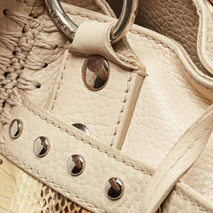 Pre Owned Dolce & Gabbana Cream/Beige Whipstitch Leather and Watersnake DG Charm Tote