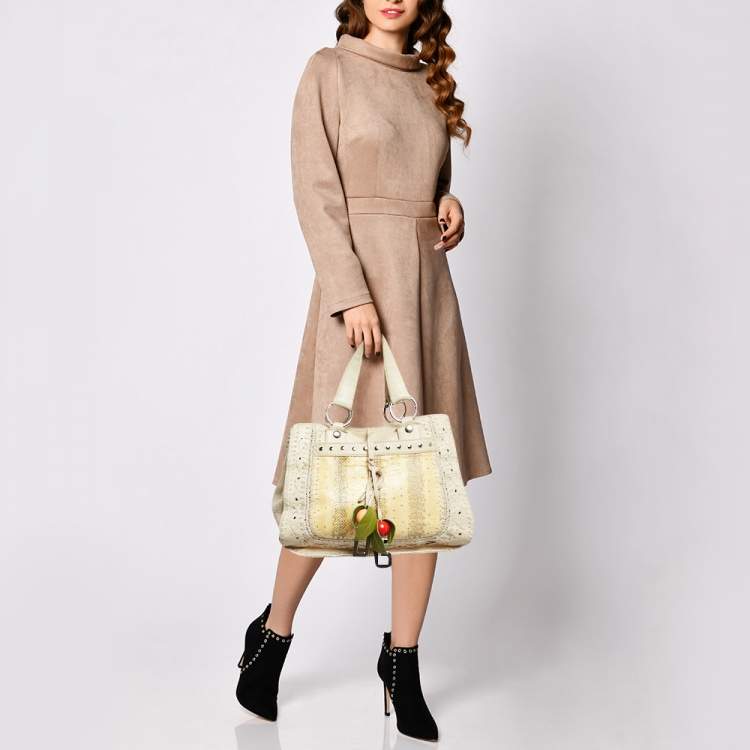Pre Owned Dolce & Gabbana Cream/Beige Whipstitch Leather and Watersnake DG Charm Tote