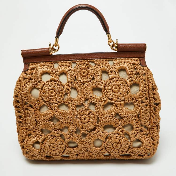 Pre Owned Dolce & Gabbana Beige/Brown Crochet Raffia and Leather Large Miss Sicily Top Handle Bag 