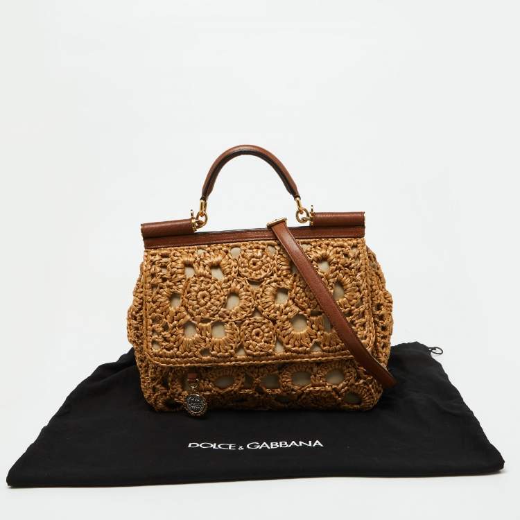 Pre Owned Dolce & Gabbana Beige/Brown Crochet Raffia and Leather Large Miss Sicily Top Handle Bag 