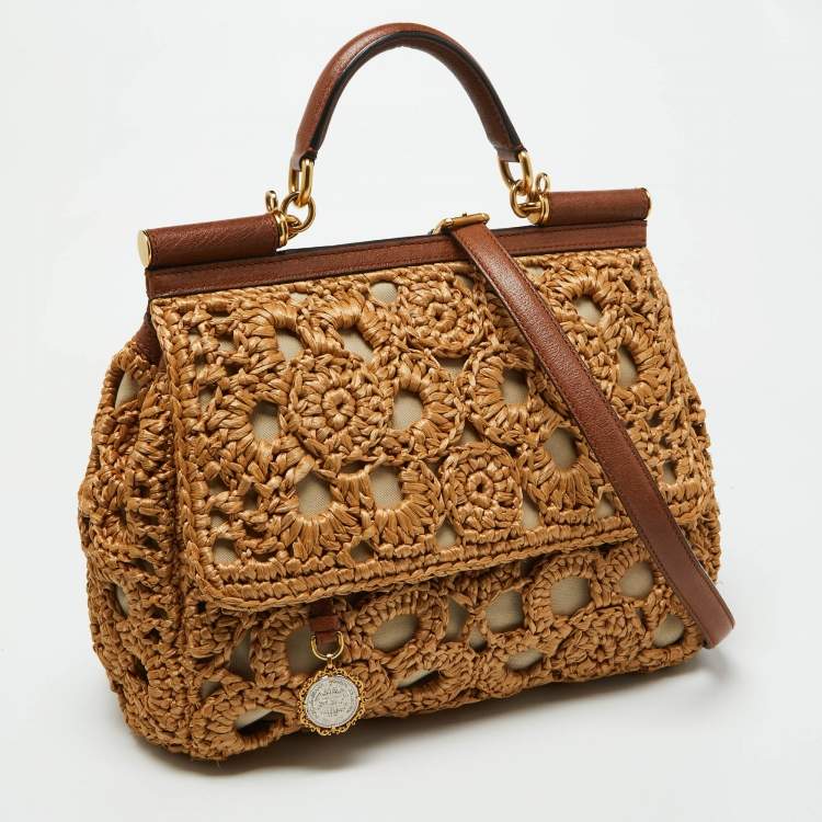 Pre Owned Dolce & Gabbana Beige/Brown Crochet Raffia and Leather Large Miss Sicily Top Handle Bag 