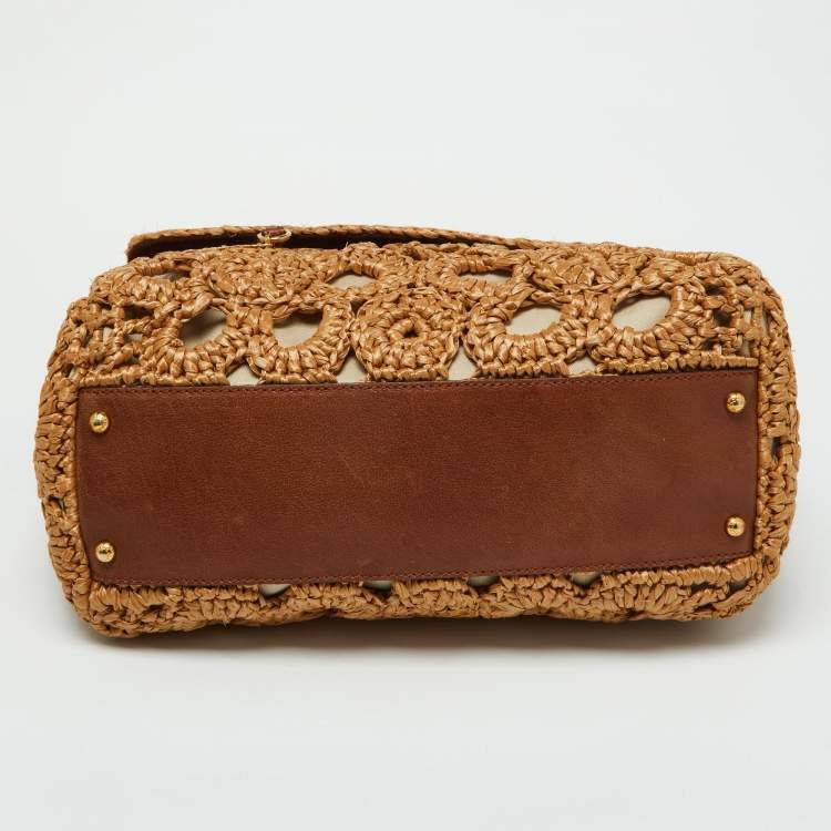 Pre Owned Dolce & Gabbana Beige/Brown Crochet Raffia and Leather Large Miss Sicily Top Handle Bag 