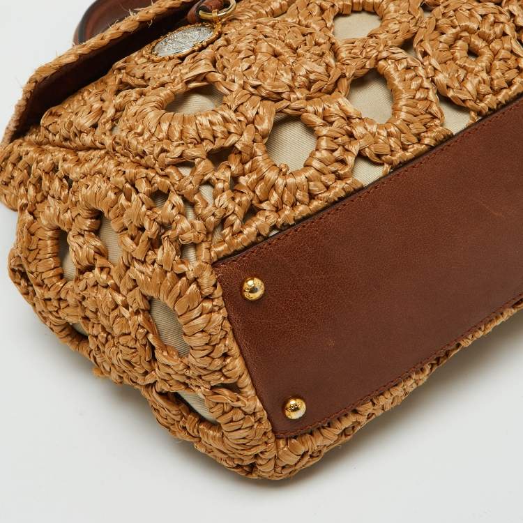 Pre Owned Dolce & Gabbana Beige/Brown Crochet Raffia and Leather Large Miss Sicily Top Handle Bag 