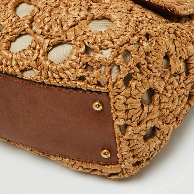 Pre Owned Dolce & Gabbana Beige/Brown Crochet Raffia and Leather Large Miss Sicily Top Handle Bag 