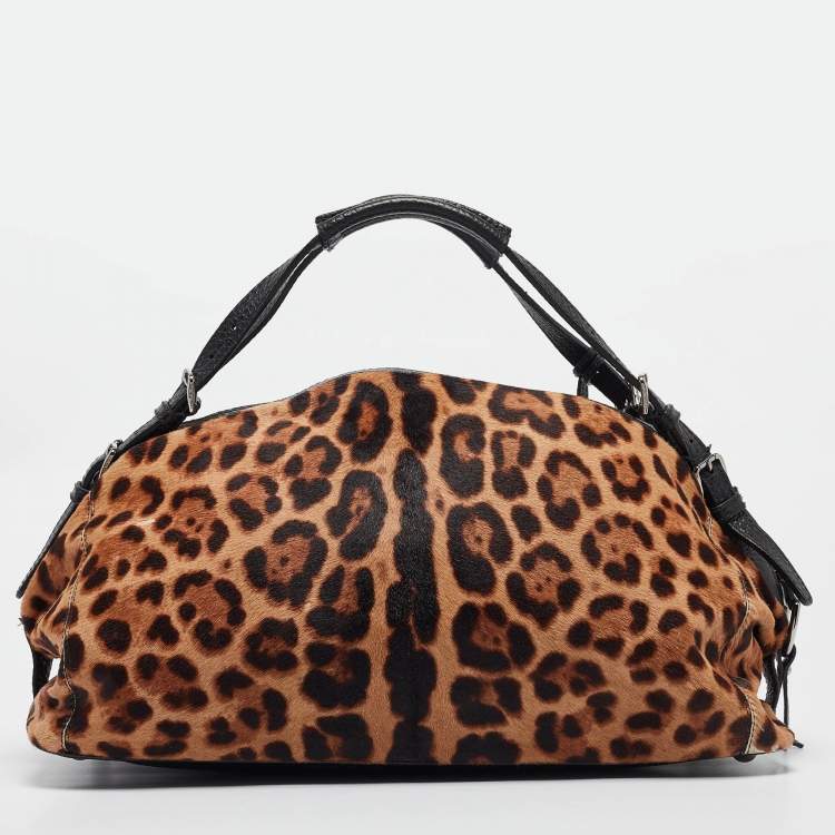Pre Owned Dolce & Gabbana Beige/Leather Leopard Print Calfhair and Leather Duffel Bag