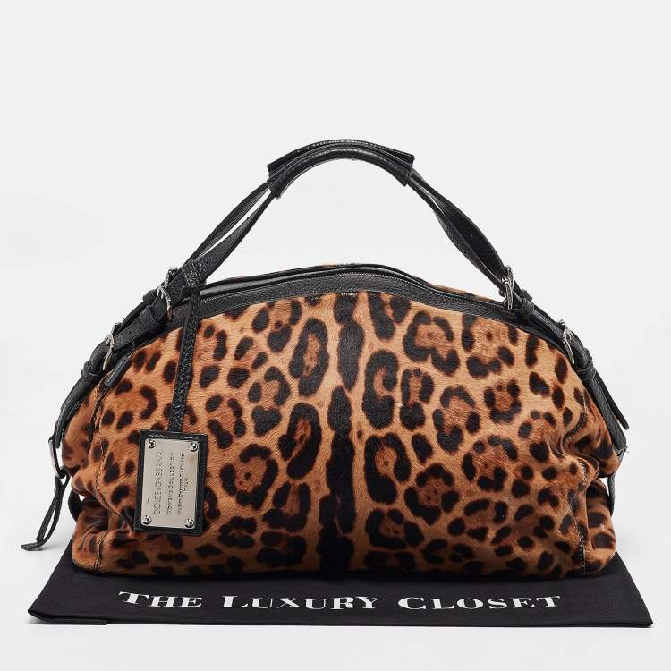 Pre Owned Dolce & Gabbana Beige/Leather Leopard Print Calfhair and Leather Duffel Bag