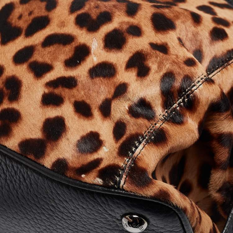 Pre Owned Dolce & Gabbana Beige/Leather Leopard Print Calfhair and Leather Duffel Bag