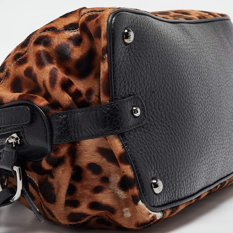 Pre Owned Dolce & Gabbana Beige/Leather Leopard Print Calfhair and Leather Duffel Bag