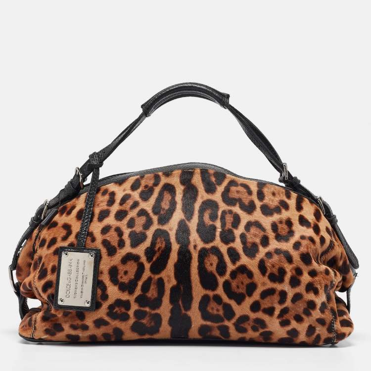 Pre Owned Dolce & Gabbana Beige/Leather Leopard Print Calfhair and Leather Duffel Bag