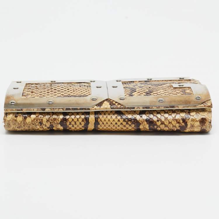 Pre Owned Dolce & Gabbana Cream Python DG Logo Wristlet Clutch