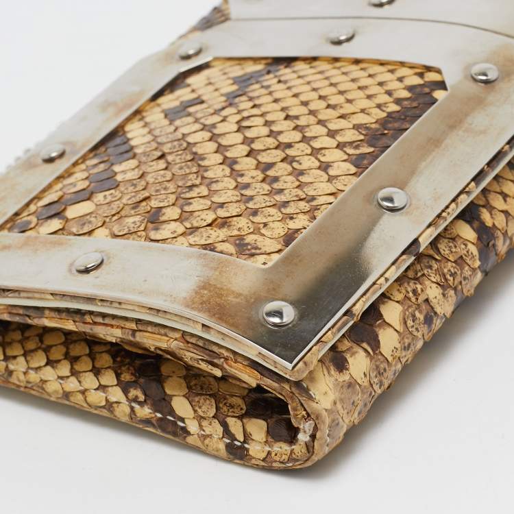 Pre Owned Dolce & Gabbana Cream Python DG Logo Wristlet Clutch