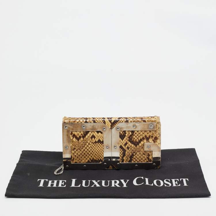 Pre Owned Dolce & Gabbana Cream Python DG Logo Wristlet Clutch
