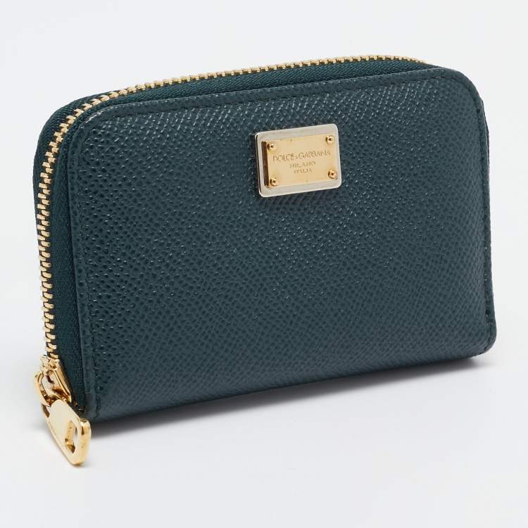 Pre Owned Dolce & Gabbana Green Leather Zip Coin Purse