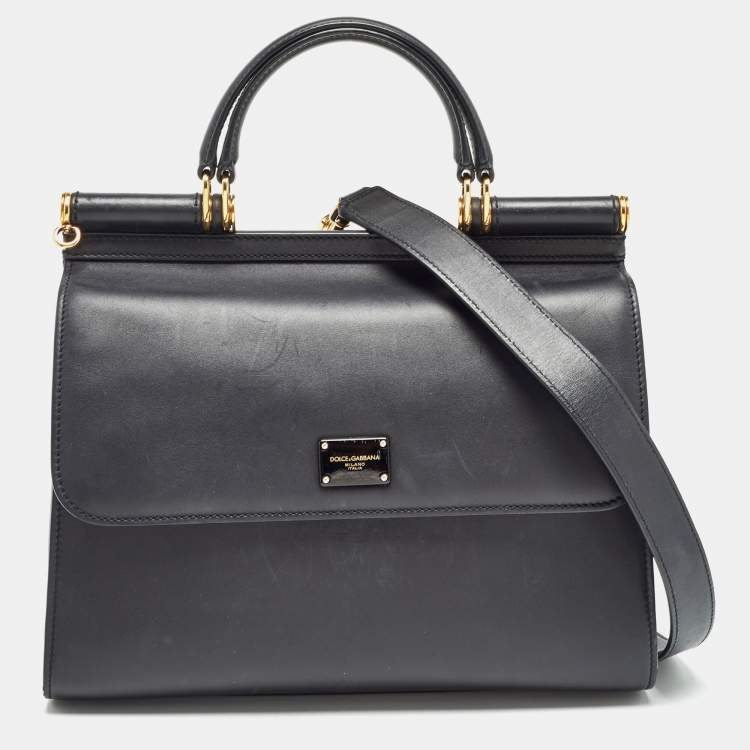 Pre Owned Dolce & Gabbana Black Leather Large Miss Sicily 58 Top Handle Bag