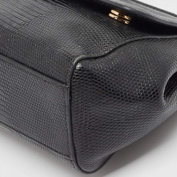 Pre Owned Dolce & Gabbana Black Lizard Embossed Leather Small Crystals DG Miss Sicily Bag