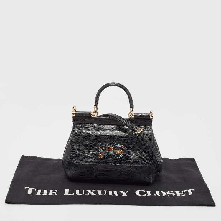 Pre Owned Dolce & Gabbana Black Lizard Embossed Leather Small Crystals DG Miss Sicily Bag