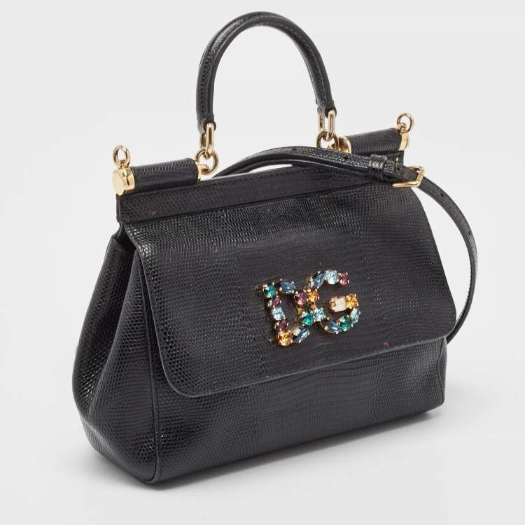 Pre Owned Dolce & Gabbana Black Lizard Embossed Leather Small Crystals DG Miss Sicily Bag