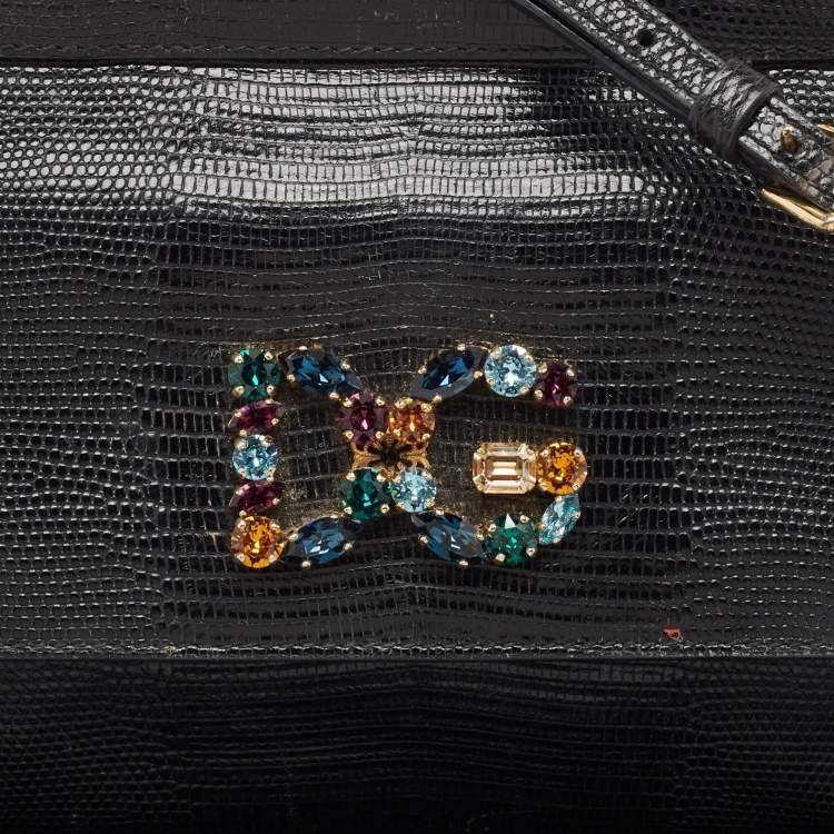 Pre Owned Dolce & Gabbana Black Lizard Embossed Leather Small Crystals DG Miss Sicily Bag