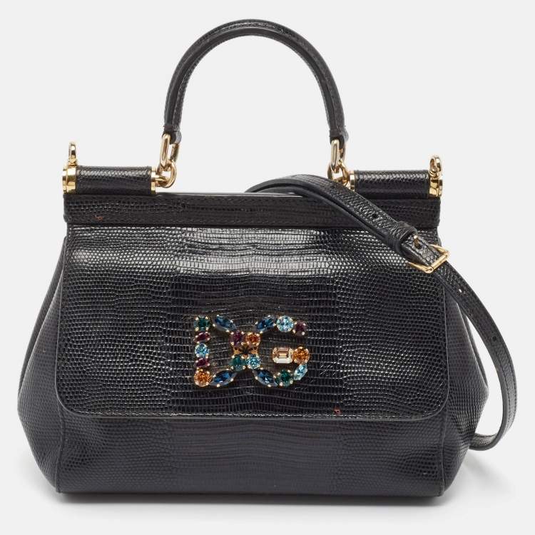 Pre Owned Dolce & Gabbana Black Lizard Embossed Leather Small Crystals DG Miss Sicily Bag