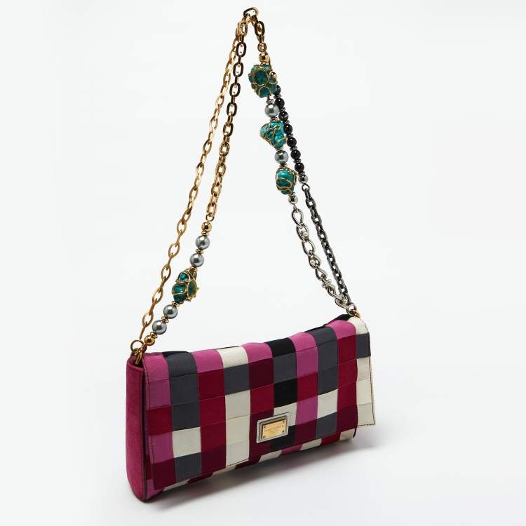 Pre Owned Dolce & Gabbana Multicolor Canvas and Suede Flap Chain Clutch