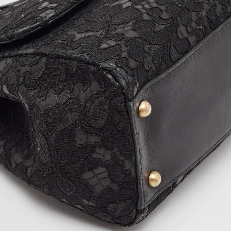 Pre Owned Dolce & Gabbana Black Leather and Lace Medium Miss Sicily Top Handle Bag