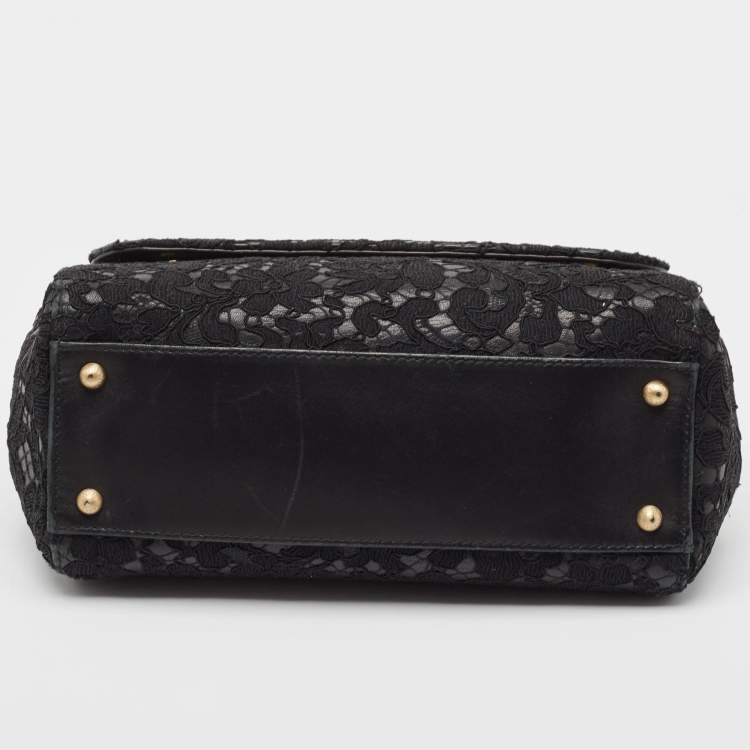 Pre Owned Dolce & Gabbana Black Leather and Lace Medium Miss Sicily Top Handle Bag