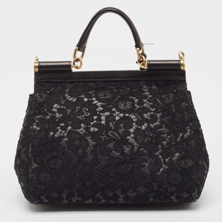 Pre Owned Dolce & Gabbana Black Leather and Lace Medium Miss Sicily Top Handle Bag