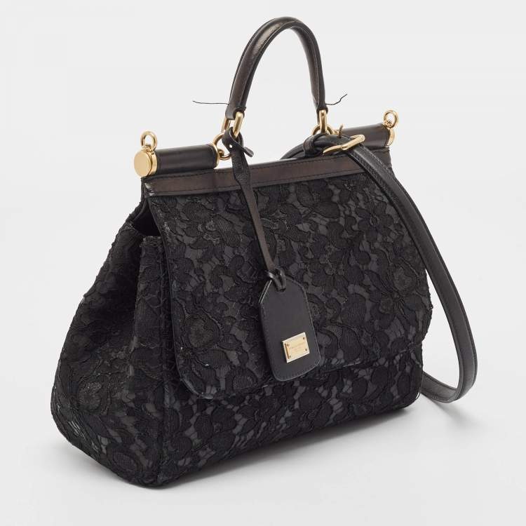 Pre Owned Dolce & Gabbana Black Leather and Lace Medium Miss Sicily Top Handle Bag